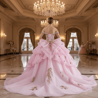Pink Quinceañera Dress with Off-Shoulder Sculptural Layered Ruffle Peplum - Rosymae