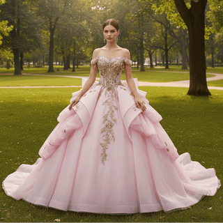 Pink Quinceañera Dress with Off-Shoulder Sculptural Layered Ruffle Peplum - Rosymae