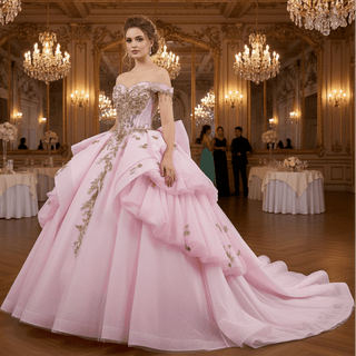 Pink Quinceañera Dress with Off-Shoulder Sculptural Layered Ruffle Peplum - Rosymae