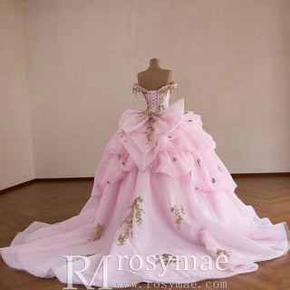 Pink Quinceañera Dress with Off-Shoulder Sculptural Layered Ruffle Peplum - Rosymae