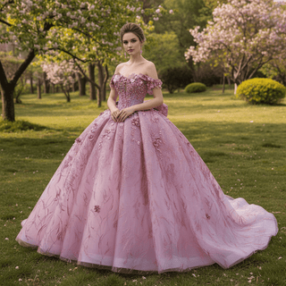 Pink Quinceanera Prom Dress Off-Shoulder Sequins Pearl Appliques with Bow - Rosymae