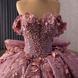 Pink Quinceanera Prom Dress Off-Shoulder Sequins Pearl Appliques with Bow - Rosymae