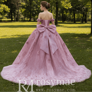 Pink Quinceanera Prom Dress Off-Shoulder Sequins Pearl Appliques with Bow - Rosymae