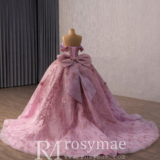 Pink Quinceanera Prom Dress Off-Shoulder Sequins Pearl Appliques with Bow - Rosymae