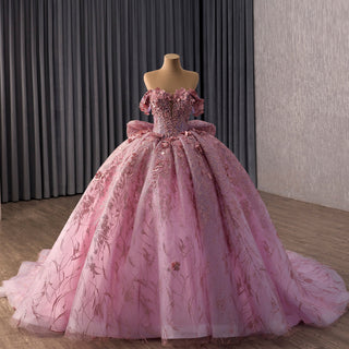 Pink Quinceanera Prom Dress Off-Shoulder Sequins Pearl Appliques with Bow - Rosymae