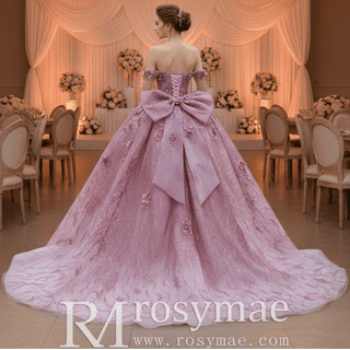 Pink Quinceanera Prom Dress Off-Shoulder Sequins Pearl Appliques with Bow - Rosymae