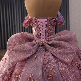 Pink Quinceanera Prom Dress Off-Shoulder Sequins Pearl Appliques with Bow - Rosymae