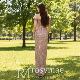 Mid Length Sparkly Sequin Evening Dress with Leg Slit and Off Shoulder Rosymae Mid Length Sparkly Sequin Evening Dress with Leg Slit and Off Shoulder Rosymae