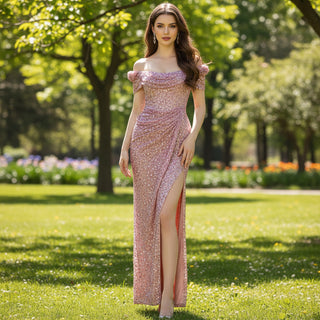 Mid Length Sparkly Sequin Evening Dress with Leg Slit and Off Shoulder Rosymae Mid Length Sparkly Sequin Evening Dress with Leg Slit and Off Shoulder Rosymae