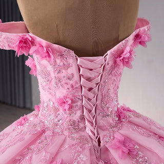 Pink Sparkly Lace Applique 3D Flower Quince Dress with Off the Shoulder - Rosymae