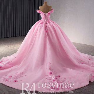 Pink Sparkly Lace Applique 3D Flower Quince Dress with Off the Shoulder - Rosymae