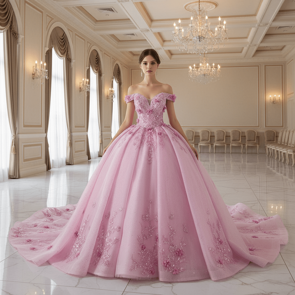 Pink Sparkly Lace Applique 3D Flower Quince Dress with Off the Shoulder - Rosymae