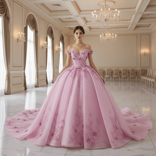 Pink Sparkly Lace Applique 3D Flower Quince Dress with Off the Shoulder - Rosymae