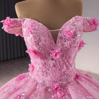 Pink Sparkly Lace Applique 3D Flower Quince Dress with Off the Shoulder - Rosymae