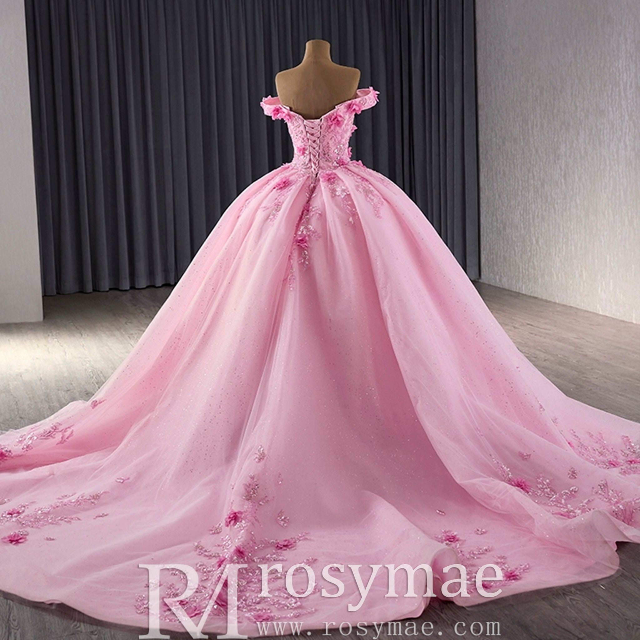 Pink Sparkly Lace Applique 3D Flower Quince Dress with Off the Shoulder - Rosymae