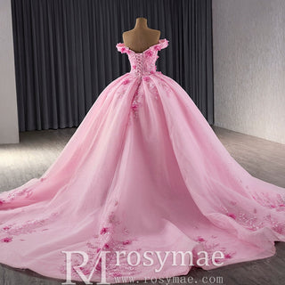 Pink Sparkly Lace Applique 3D Flower Quince Dress with Off the Shoulder - Rosymae