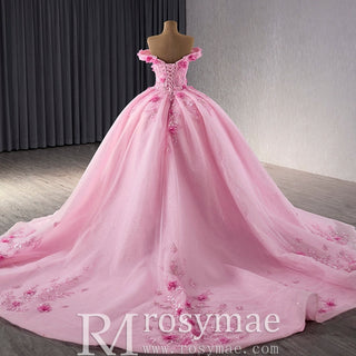 Pink Sparkly Lace Applique 3D Flower Quince Dress with Off the Shoulder - Rosymae