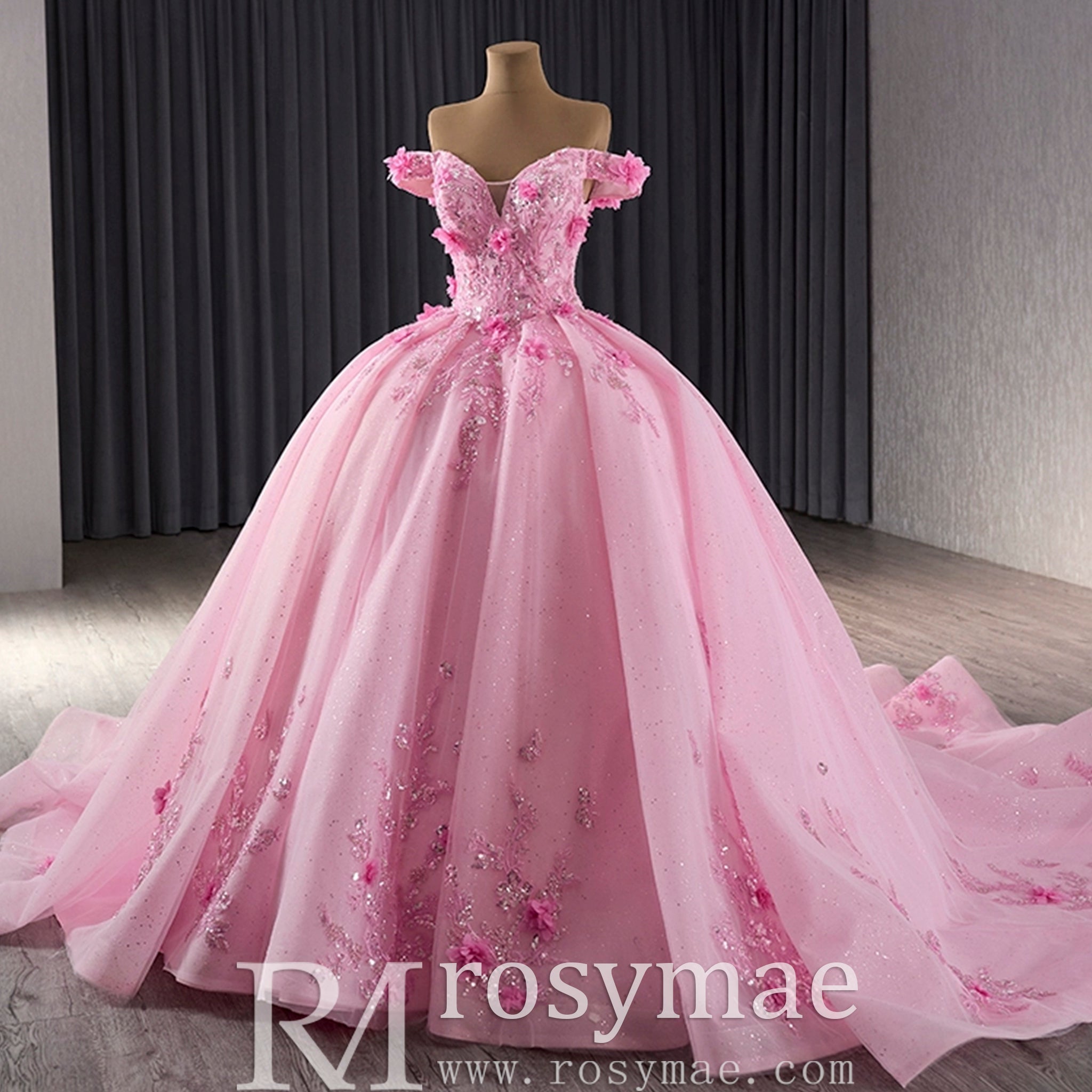 Pink Sparkly Lace Applique 3D Flower Quince Dress with Off the Shoulder - Rosymae