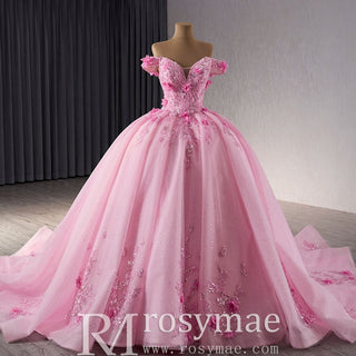 Pink Sparkly Lace Applique 3D Flower Quince Dress with Off the Shoulder - Rosymae
