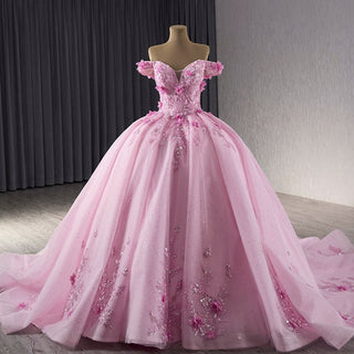 Pink Sparkly Lace Applique 3D Flower Quince Dress with Off the Shoulder - Rosymae