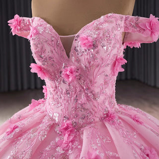 Pink Sparkly Lace Applique 3D Flower Quince Dress with Off the Shoulder - Rosymae