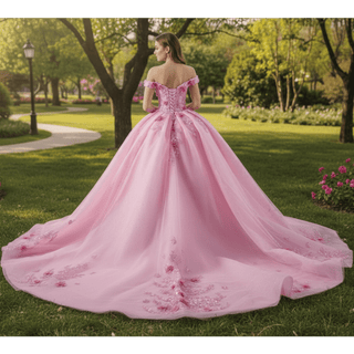 Pink Sparkly Lace Applique 3D Flower Quince Dress with Off the Shoulder - Rosymae