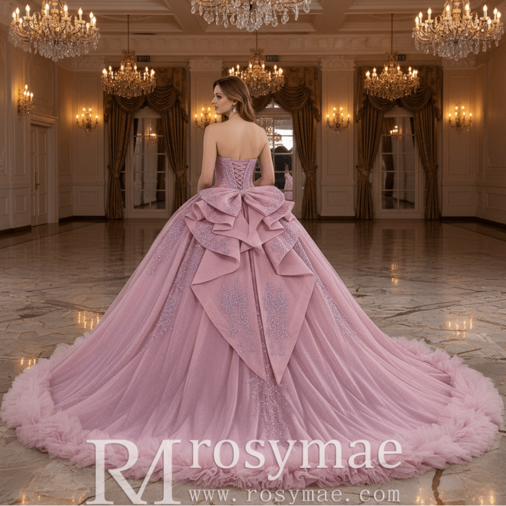Pink Sparkly Quinceañera Dress with Multi-Layered Back Bow & Voluminous Tiered Ruffles - Rosymae