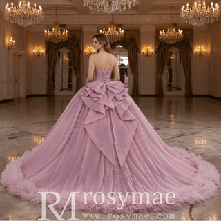 Pink Sparkly Quinceañera Dress with Multi-Layered Back Bow & Voluminous Tiered Ruffles - Rosymae