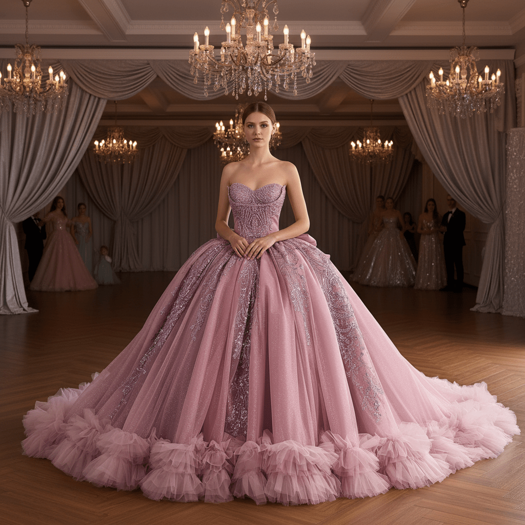 Pink Sparkly Quinceañera Dress with Multi-Layered Back Bow & Voluminous Tiered Ruffles - Rosymae