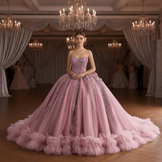 Pink Sparkly Quinceañera Dress with Multi-Layered Back Bow & Voluminous Tiered Ruffles - Rosymae