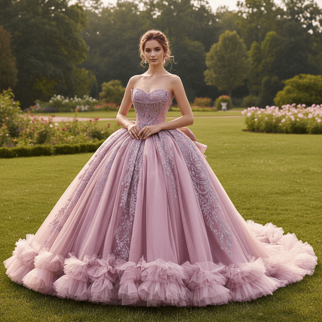 Pink Sparkly Quinceañera Dress with Multi-Layered Back Bow & Voluminous Tiered Ruffles - Rosymae