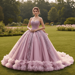 Pink Sparkly Quinceañera Dress with Multi-Layered Back Bow & Voluminous Tiered Ruffles - Rosymae