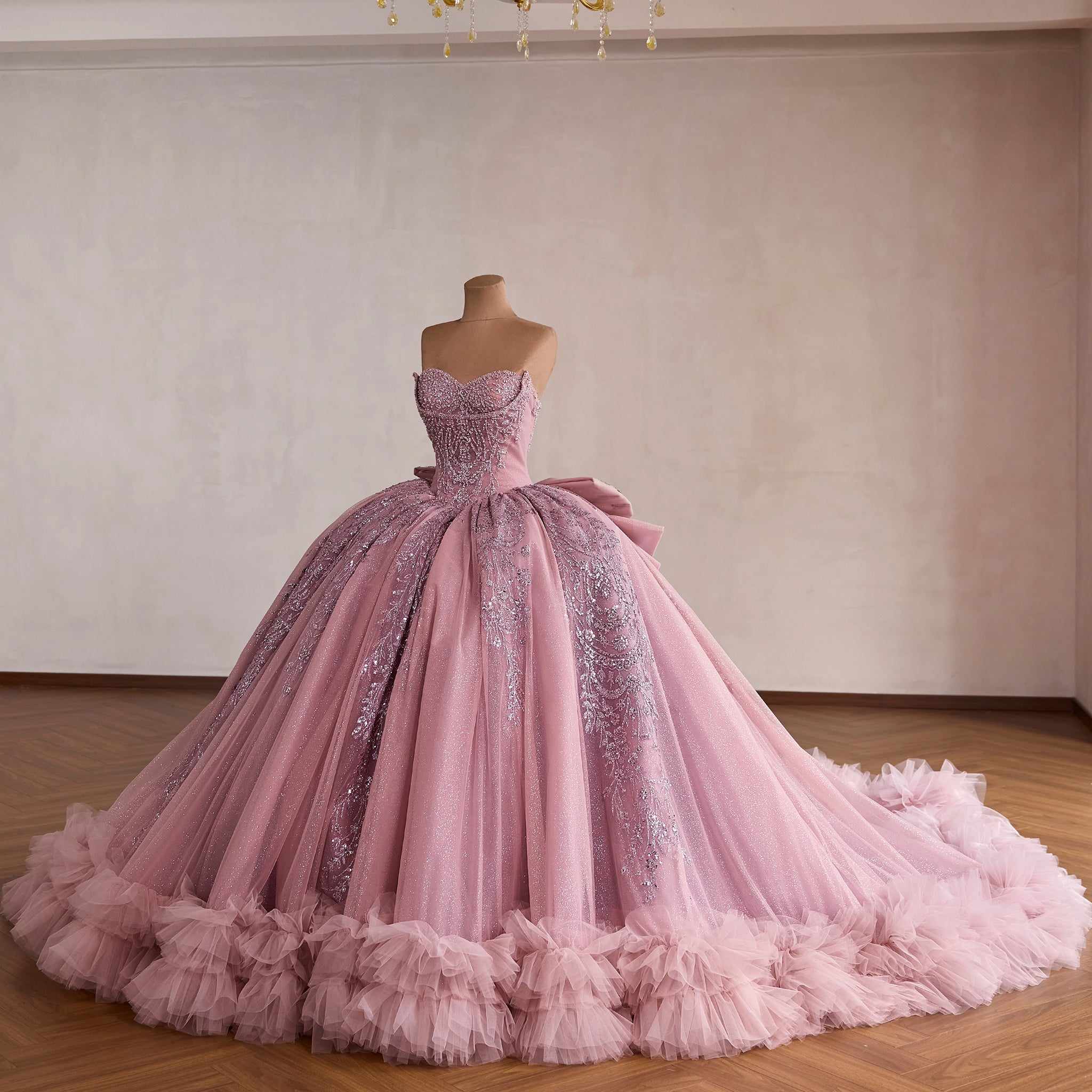 Pink Sparkly Quinceañera Dress with Multi-Layered Back Bow & Voluminous Tiered Ruffles - Rosymae