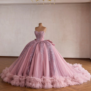 Pink Sparkly Quinceañera Dress with Multi-Layered Back Bow & Voluminous Tiered Ruffles - Rosymae