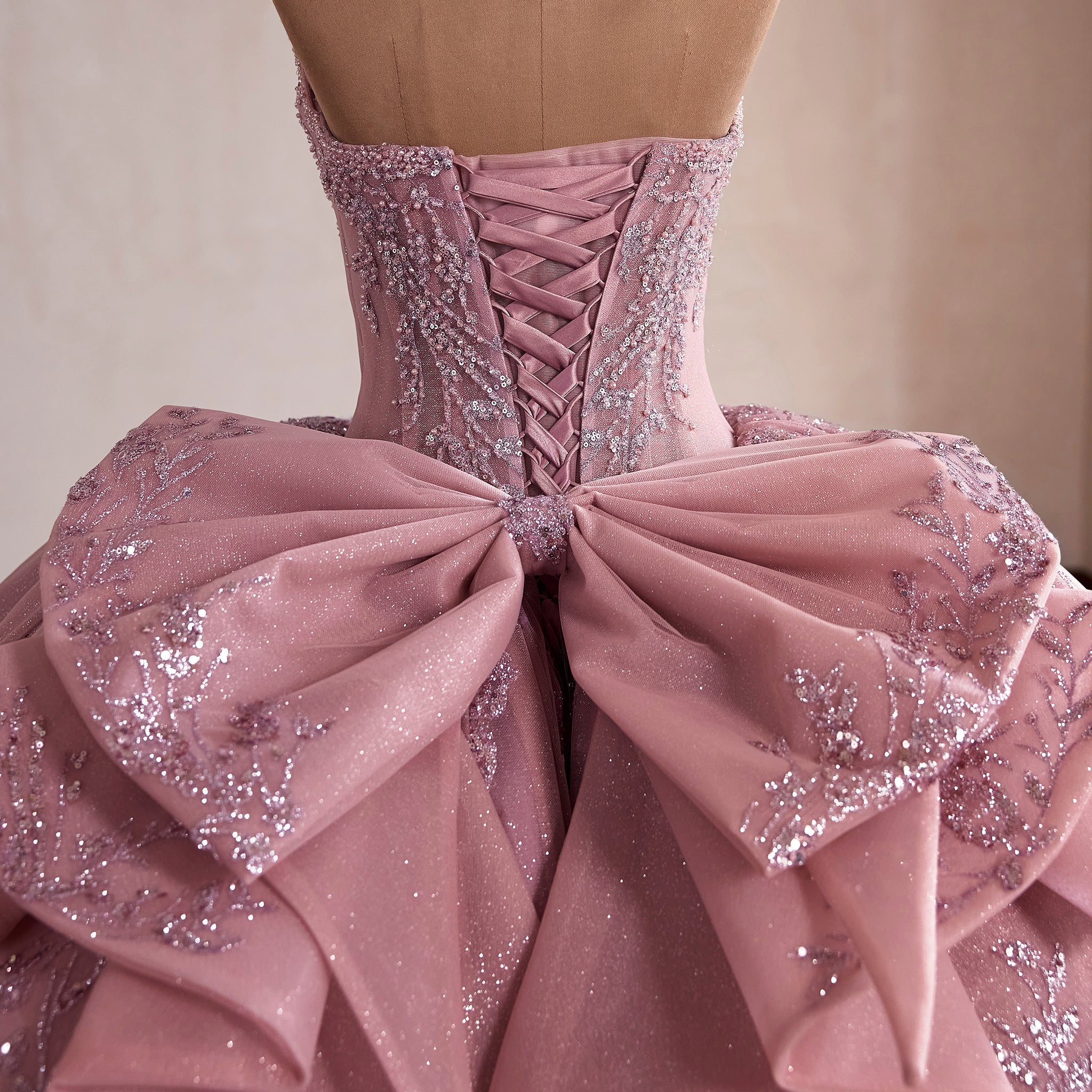 Pink Sparkly Quinceañera Dress with Multi-Layered Back Bow & Voluminous Tiered Ruffles - Rosymae
