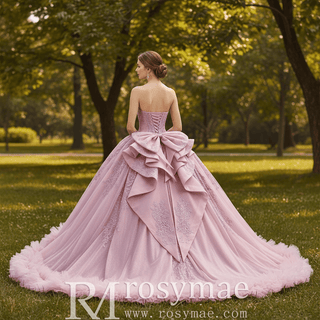 Pink Sparkly Quinceañera Dress with Multi-Layered Back Bow & Voluminous Tiered Ruffles - Rosymae