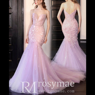 Pink Trumpet Evening Dress Party Gown with Spaghetti Strap