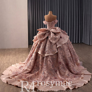 Pink Wedding Dress Tiered Bridal Gown Layered Ball Gown Quinceanera Dress - Rosymae