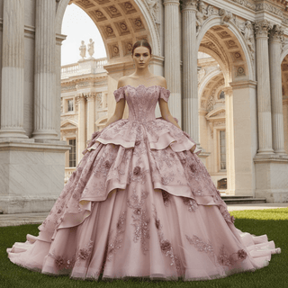 Pink Wedding Dress Tiered Bridal Gown Layered Ball Gown Quinceanera Dress - Rosymae