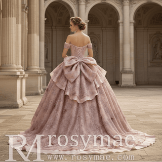Pink Wedding Dress Tiered Bridal Gown Layered Ball Gown Quinceanera Dress - Rosymae