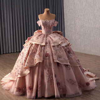 Pink Wedding Dress Tiered Bridal Gown Layered Ball Gown Quinceanera Dress - Rosymae