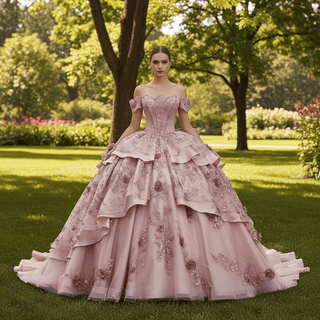 Pink Wedding Dress Tiered Bridal Gown Layered Ball Gown Quinceanera Dress - Rosymae