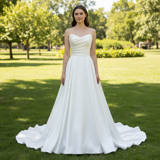 Elegant Satin Ruched Strapless Wedding Dress with Vneck for Bride