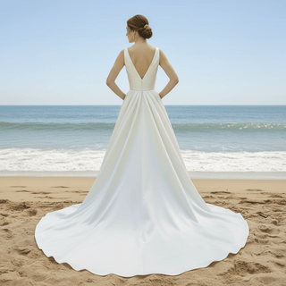 Plain Satin Deep Vneck Wedding Dress Bridal Gown with A-line Skirt - Rosymae