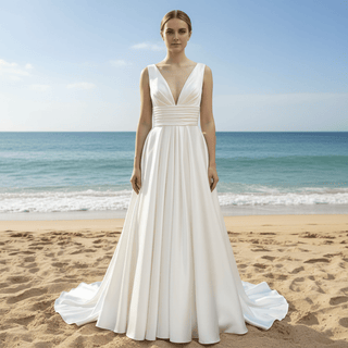 Plain Satin Deep Vneck Wedding Dress Bridal Gown with A-line Skirt - Rosymae