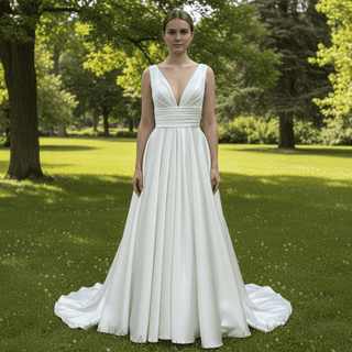 Plain Satin Deep Vneck Wedding Dress Bridal Gown with A-line Skirt - Rosymae