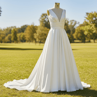 Plain Satin Deep Vneck Wedding Dress Bridal Gown with A-line Skirt - Rosymae