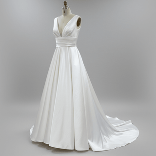 Plain Satin Deep Vneck Wedding Dress Bridal Gown with A-line Skirt - Rosymae