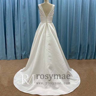 Plain Satin Deep Vneck Wedding Dress Bridal Gown with A-line Skirt - Rosymae