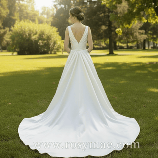 Plain Satin Deep Vneck Wedding Dress Bridal Gown with A-line Skirt - Rosymae